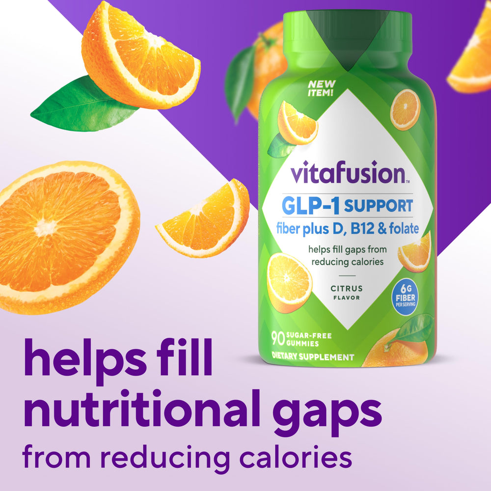 Vitafusion GLP-1 gummies featuring B12 and Folate for energy metabolism.