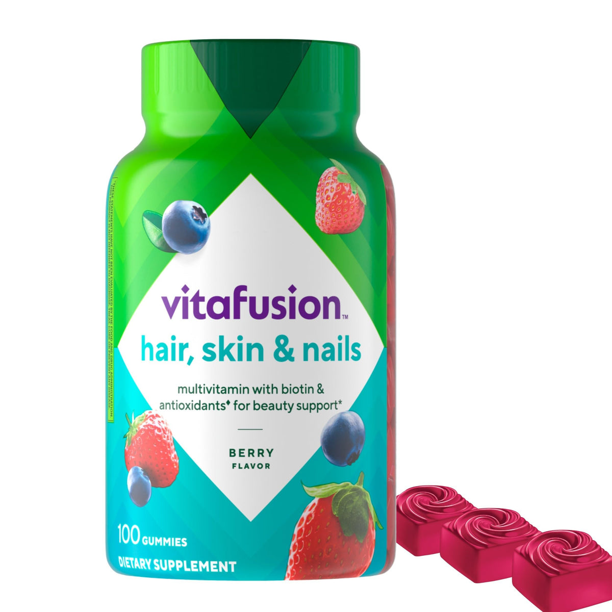 Vitafusion Gorgeous Hair Skin Nails gummies bottle open showing daily beauty support