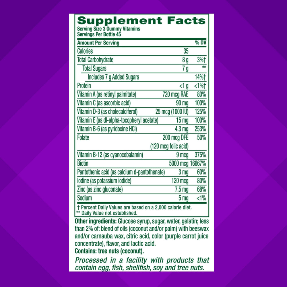 Vitafusion Gorgeous nutrition label highlights biotin and vitamins.