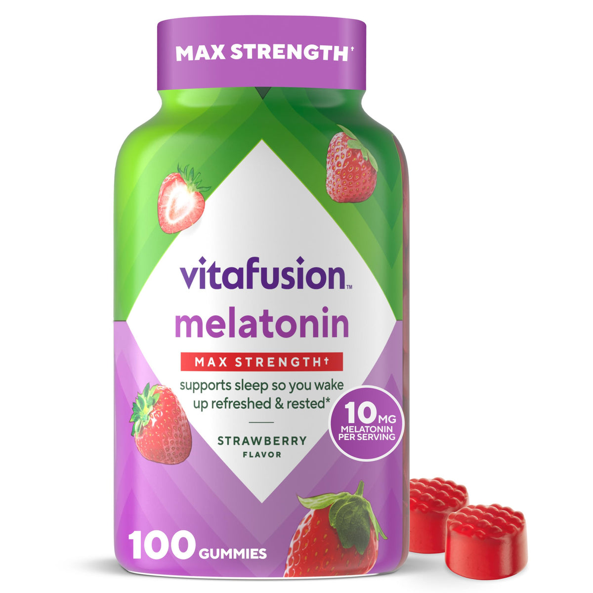 Vitafusion melatonin gummies bottle front with strawberry flavor for bedtime routines