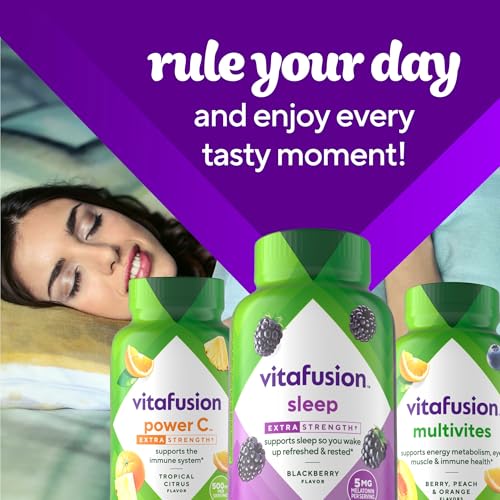 Vitafusion bottle with sleep-themed background suggests simple bedtime routine