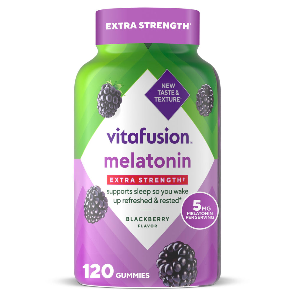Vitafusion melatonin gummy bottle on nightstand for restful sleep