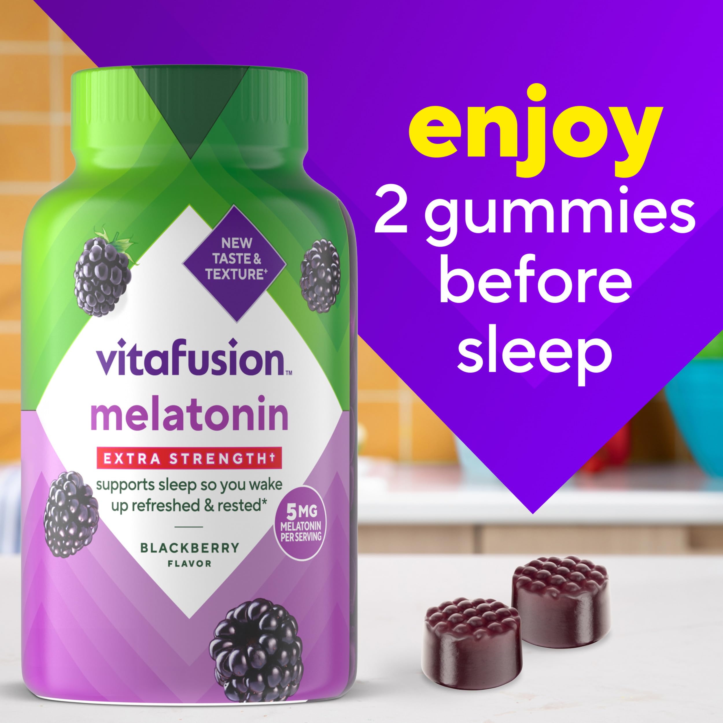 Travel-friendly Vitafusion bottle on nightstand during travel