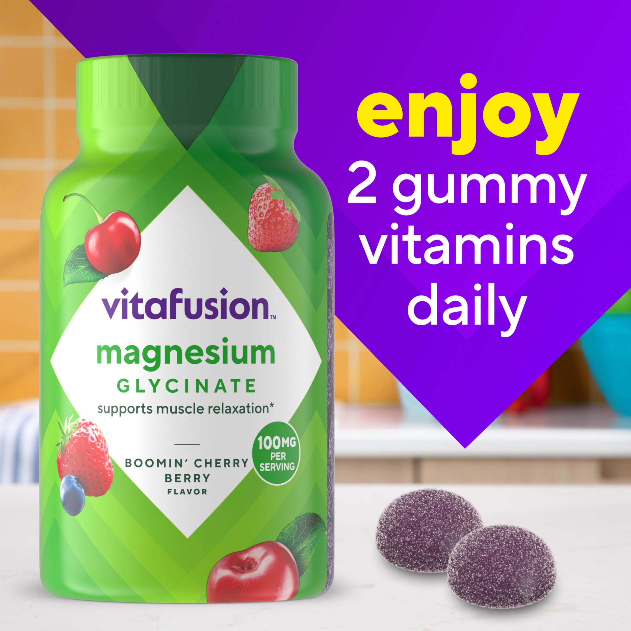 Vitafusion product on a kitchen counter for daily routine.