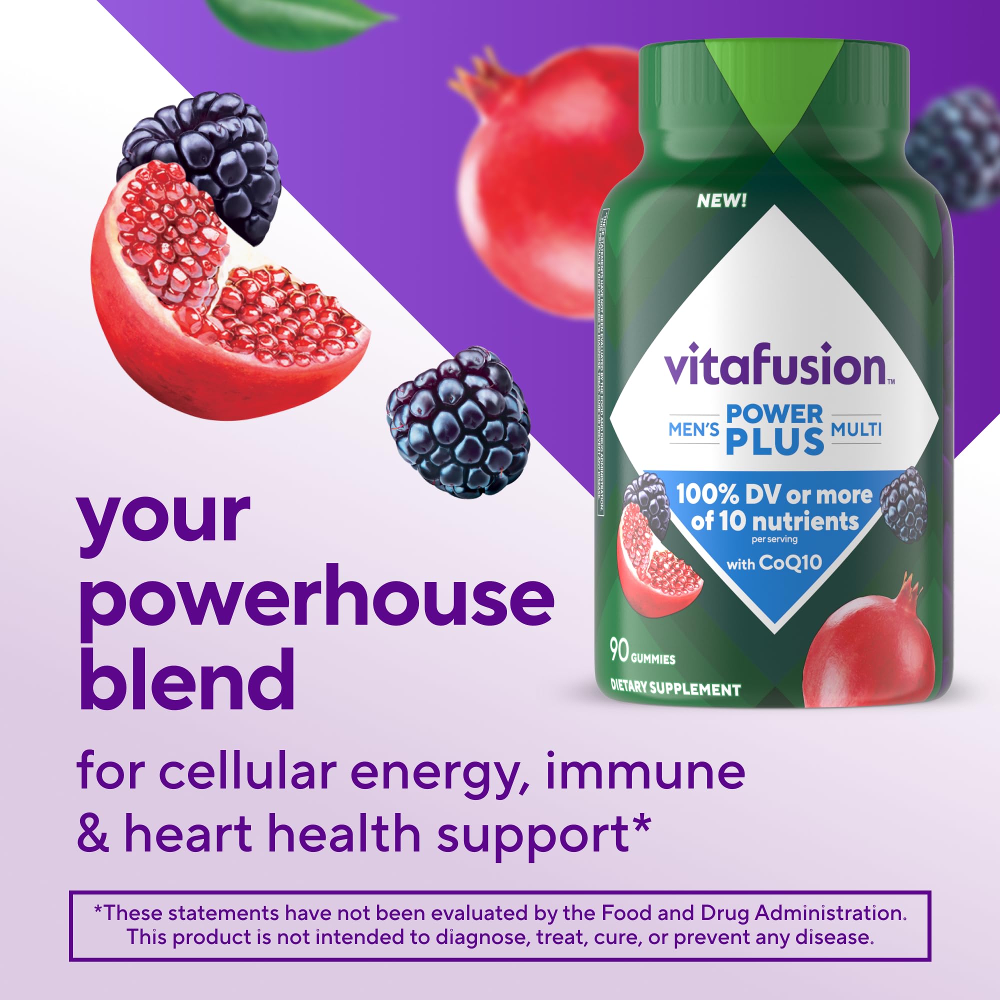 Vitafusion Power+ Men’s Multi label close-up shows 90-count bottle for a month of daily support.