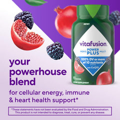 Vitafusion Power+ Men’s Multi label close-up shows 90-count bottle for a month of daily support.