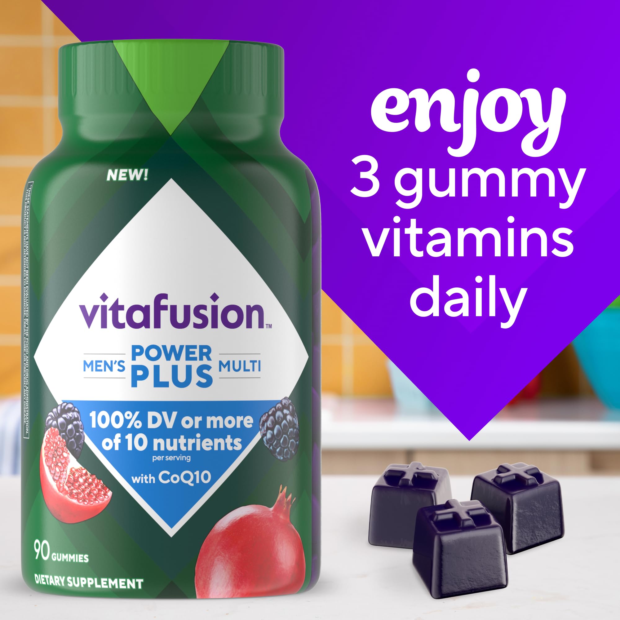 Vitafusion Power+ Men’s Multi man enjoying gummy illustrates easy daily supplementation.