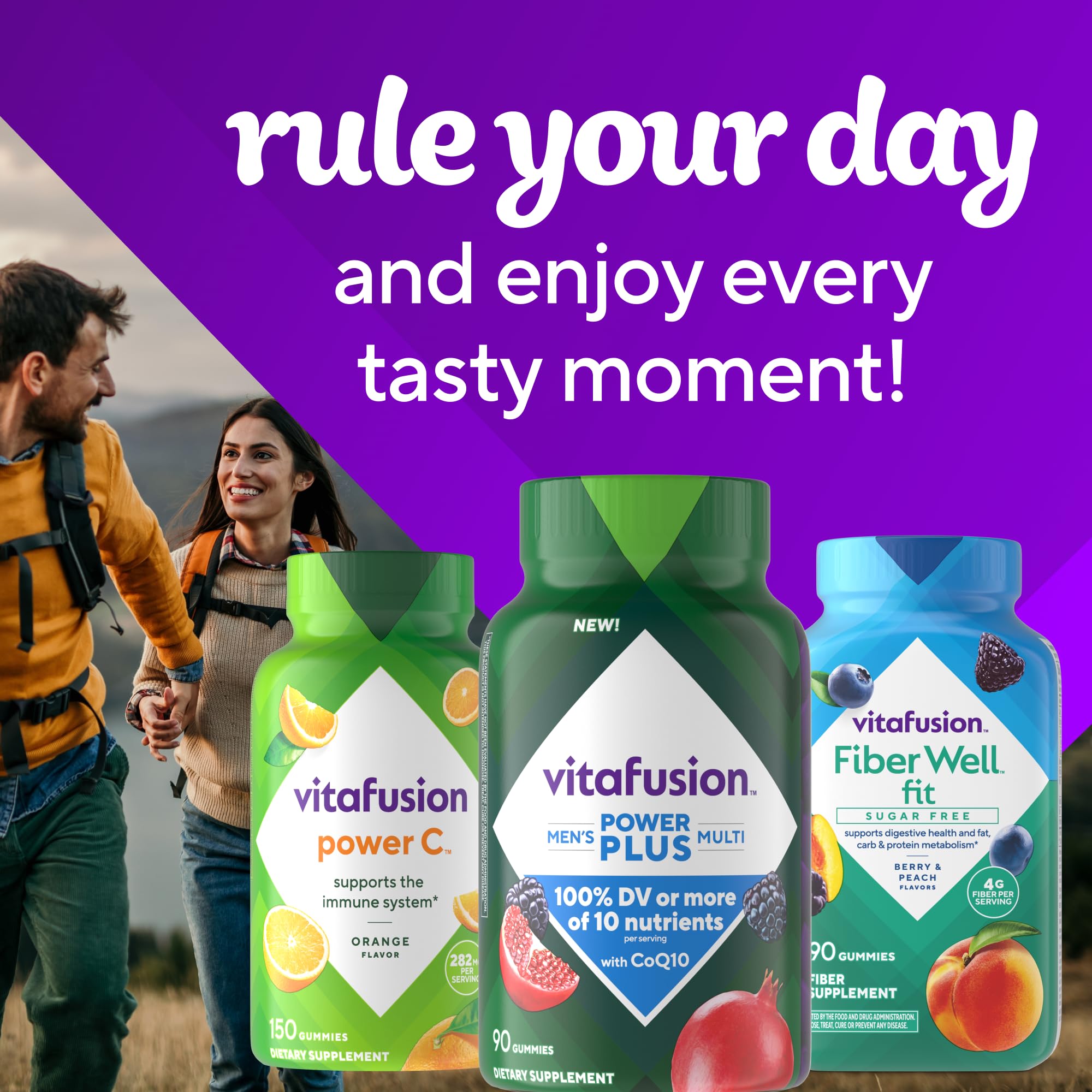 Vitafusion Power+ Men’s Multi nutrient icons emphasize vitamins D, E, B complex.
