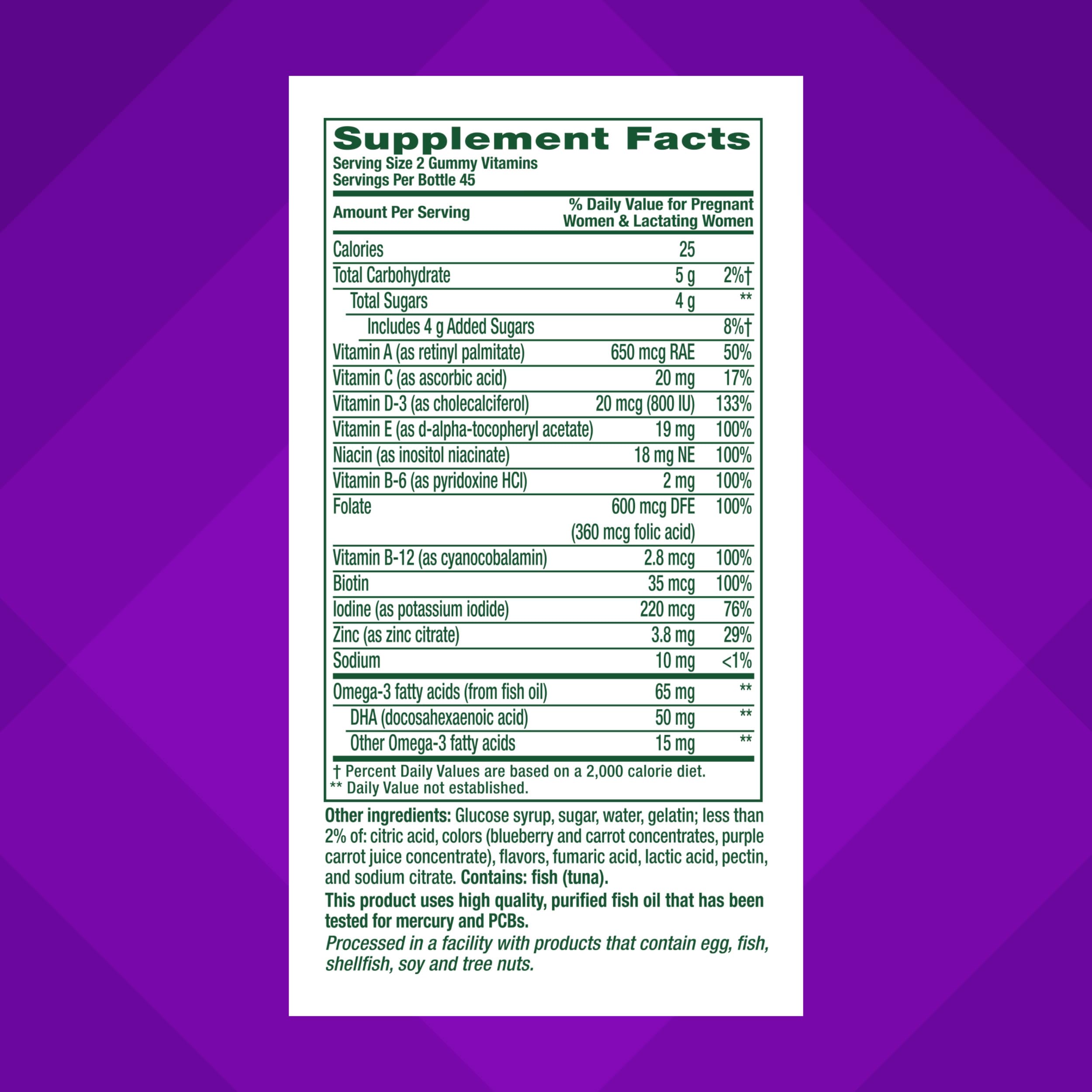 Natural raspberry lemon flavors highlighted on the Vitafusion Prenatal Gummies label