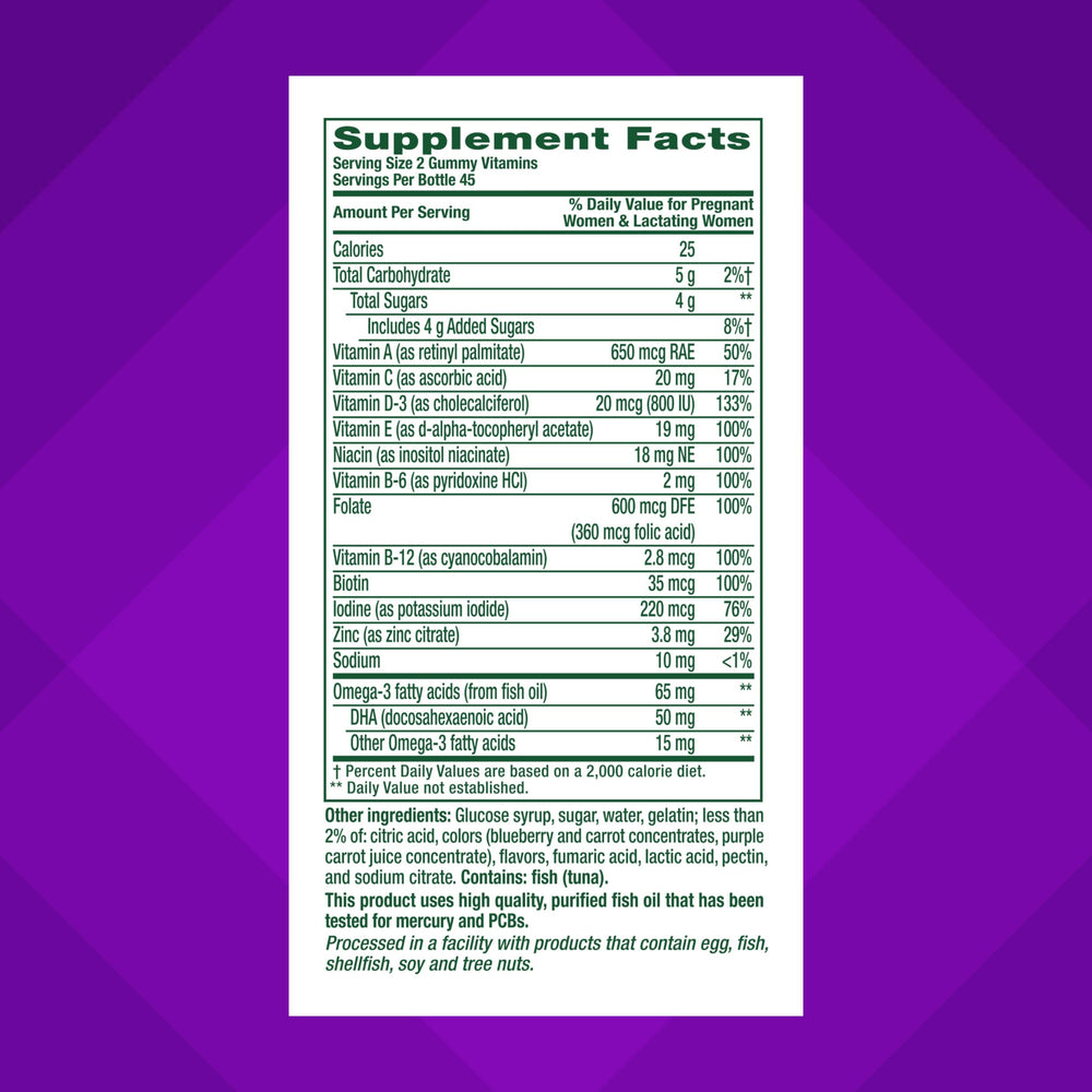 Natural raspberry lemon flavors highlighted on the Vitafusion Prenatal Gummies label
