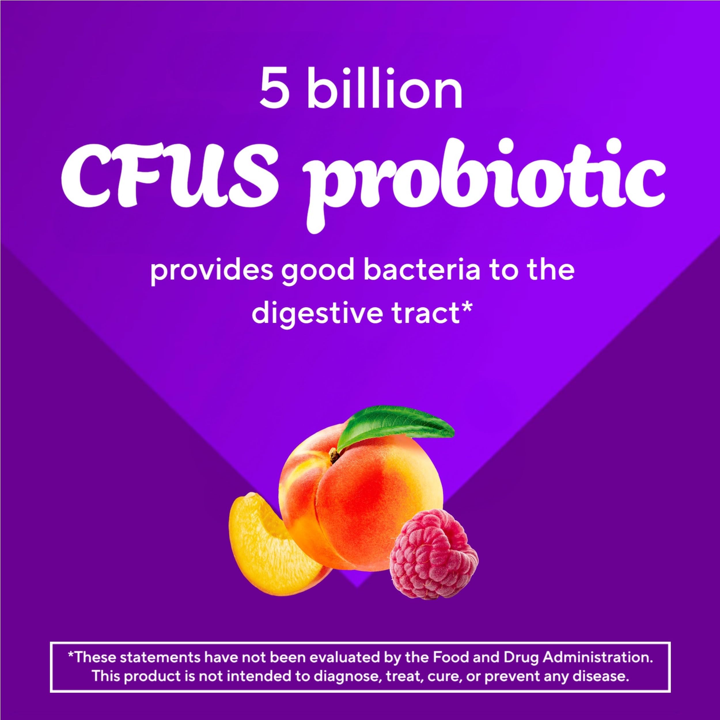 Natural flavors label on Vitafusion probiotic gummies highlights real fruit taste.