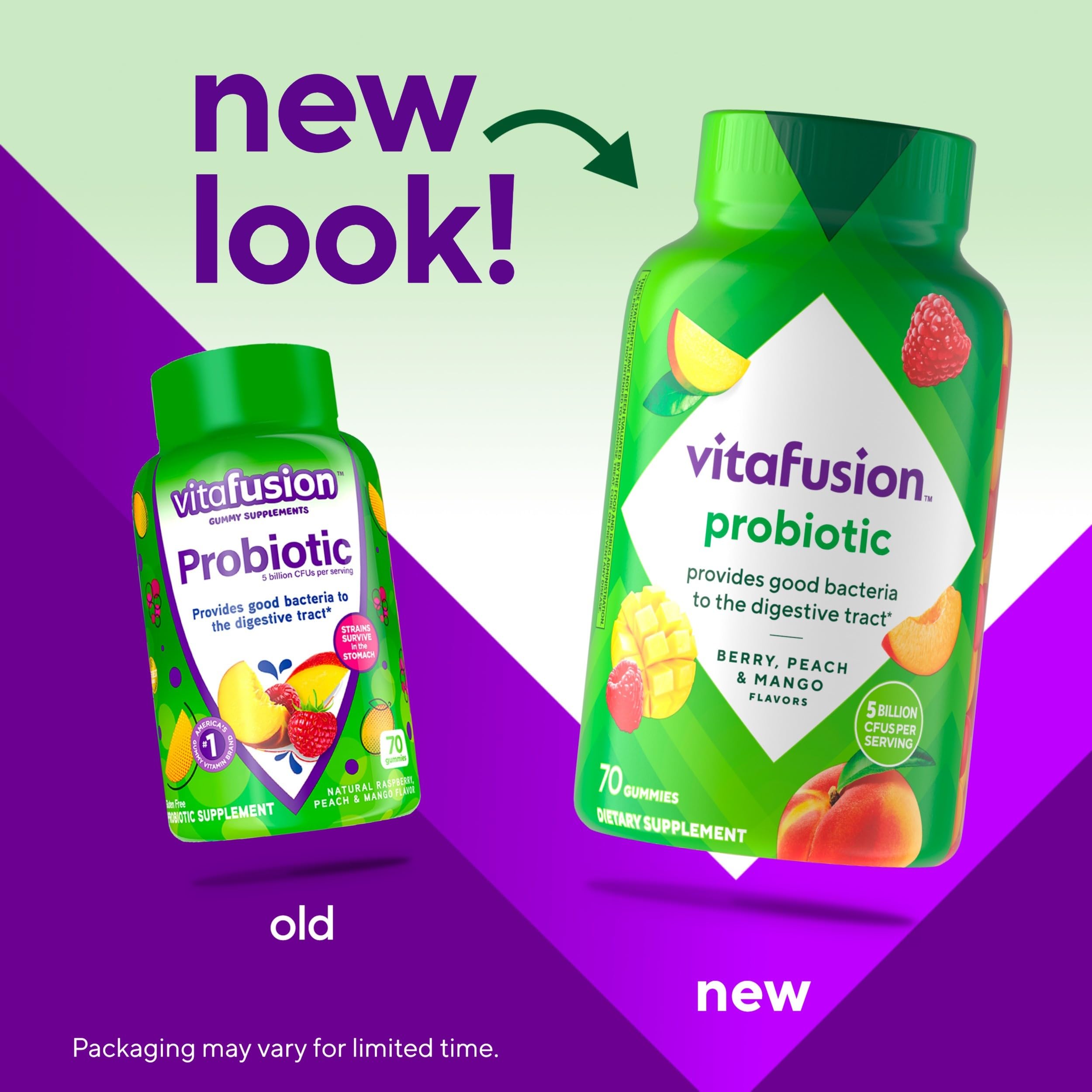 Vitafusion probiotic gummies peach bottle offering a fruity, convenient daily option.