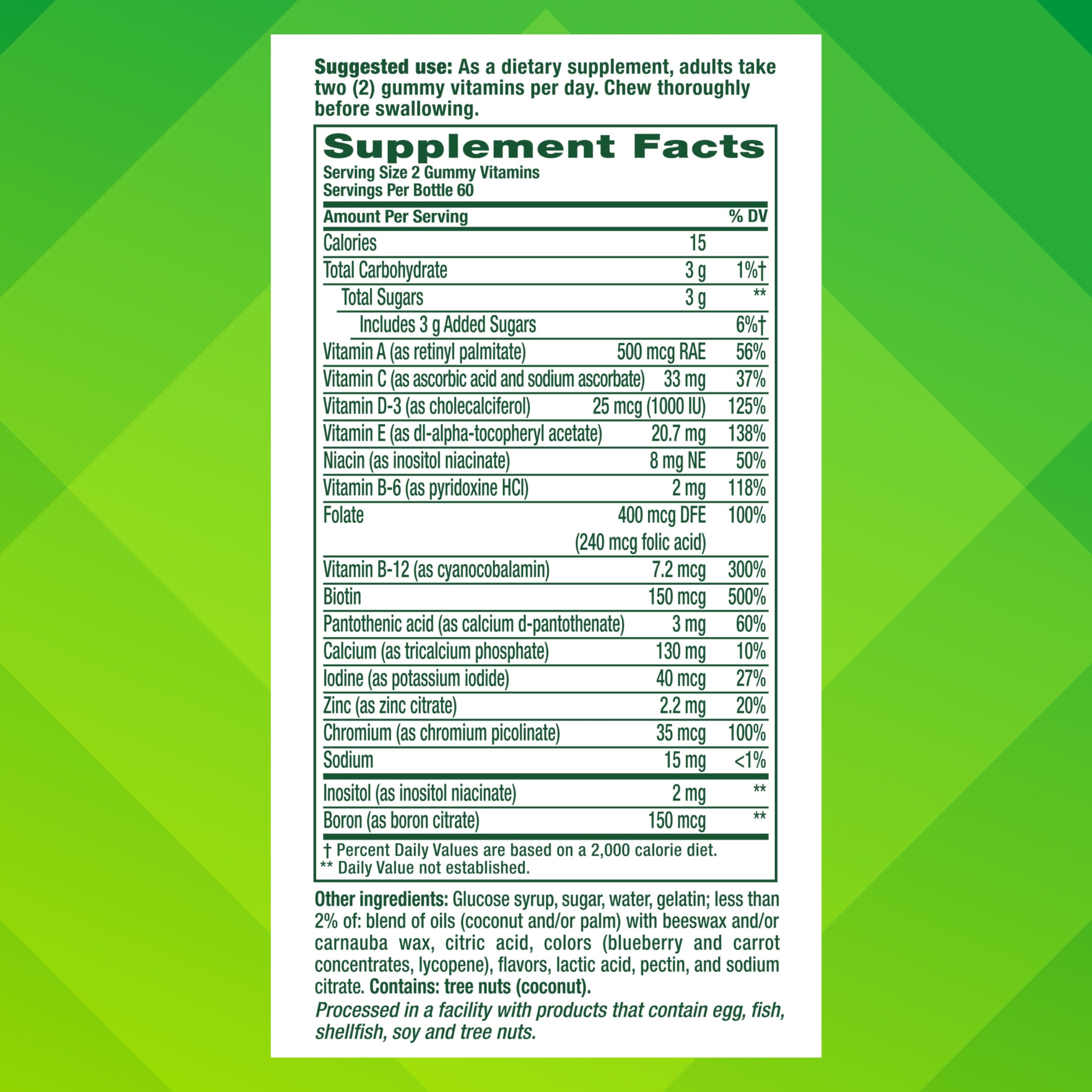 Gluten-free and dairy-free Vitafusion gummies for sensitive diets.