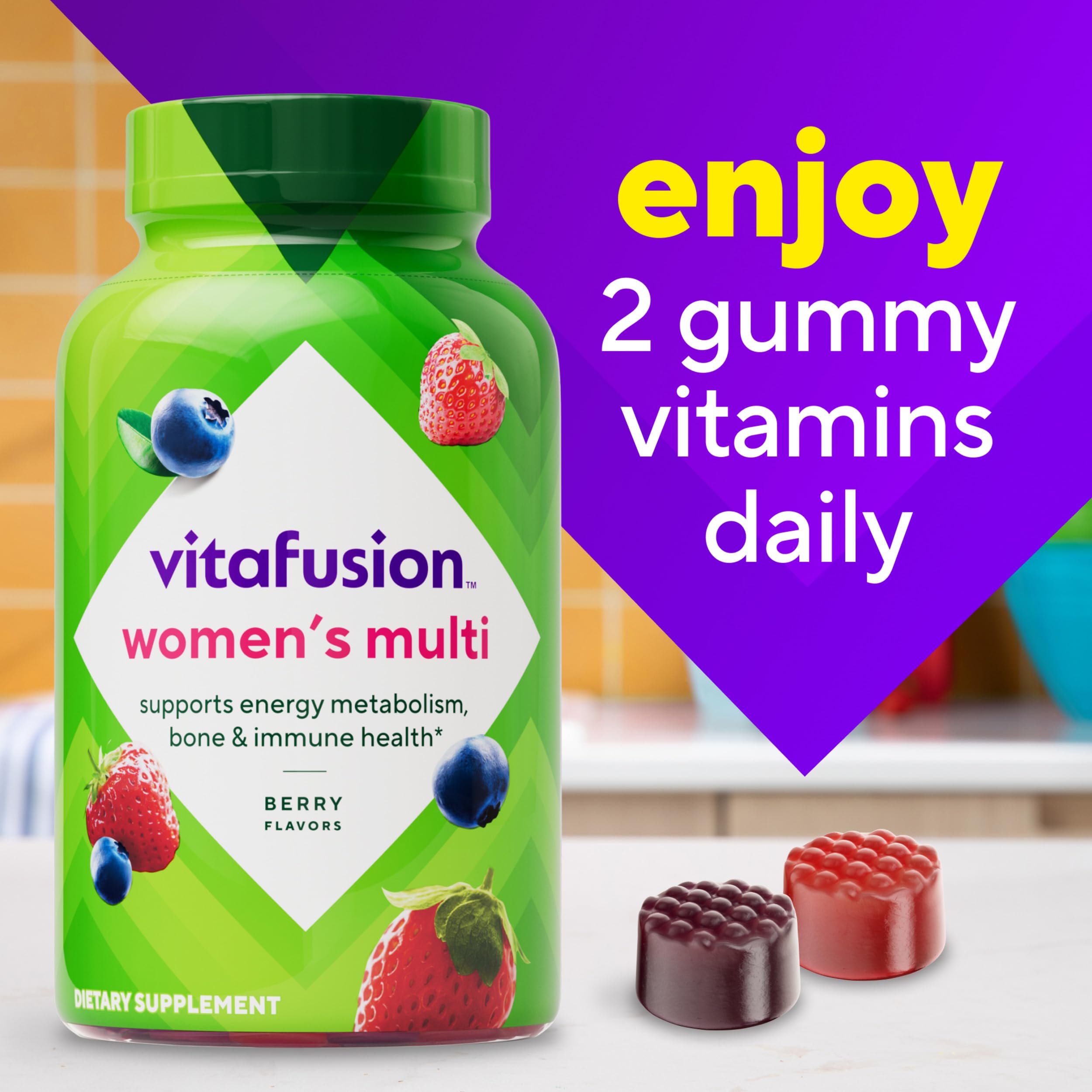 Vitafusion gummies with natural berry flavor for daily vitamin intake.