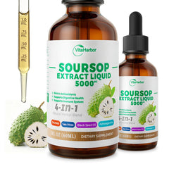 VitaHarbor 4-in-1 Soursop Bitters bottle front highlights vegan, sugar-free wellness.