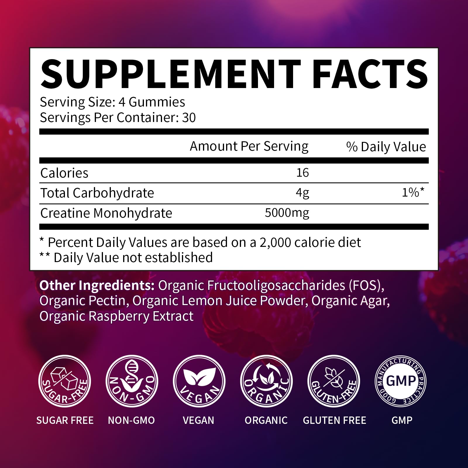 VitaHarbor Creatine Monohydrate Gummies raspberry serving emphasizing convenient 4 gummy servings for daily intake.