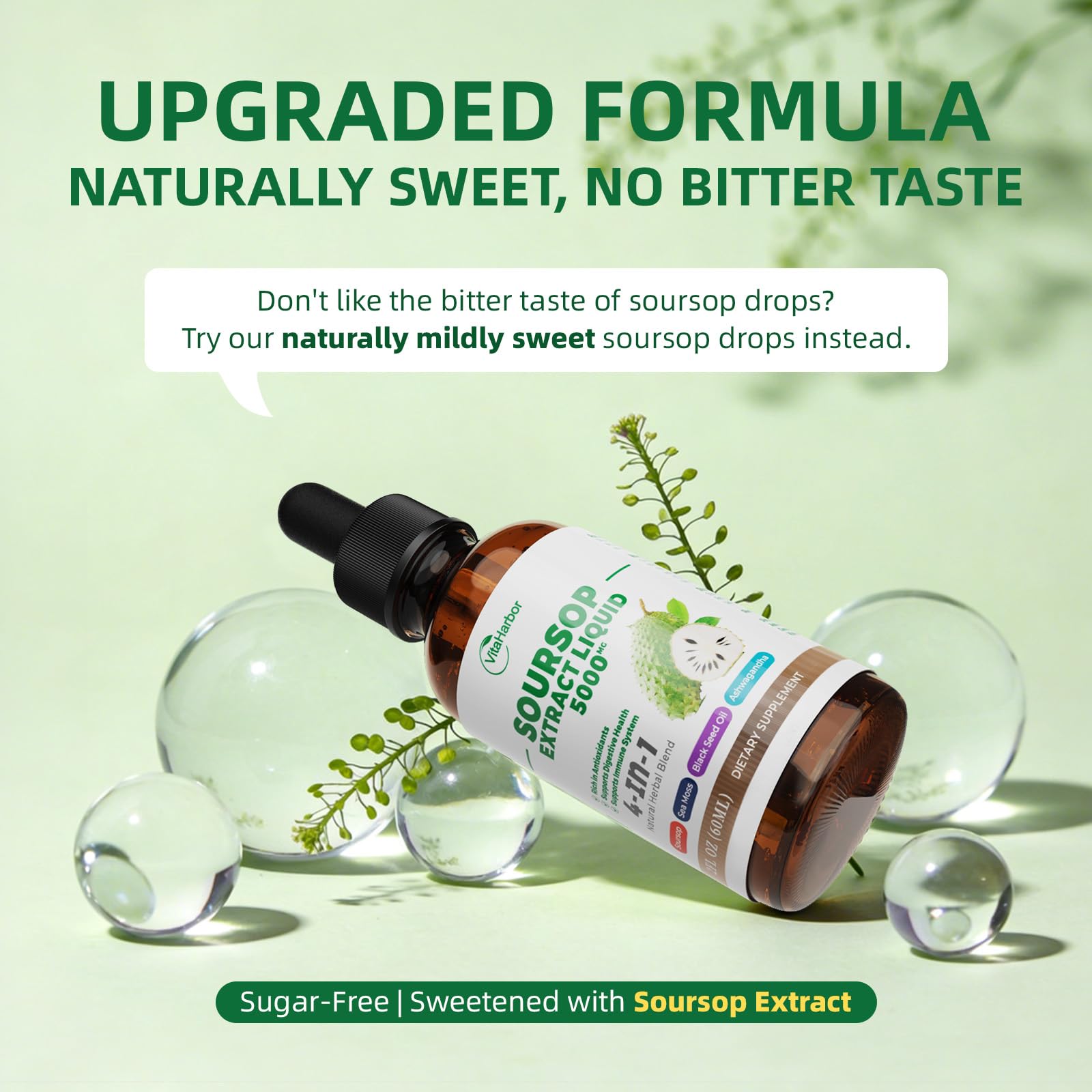 VitaHarbor Soursop Oil Black Seed bottle closeup highlights nutrients.
