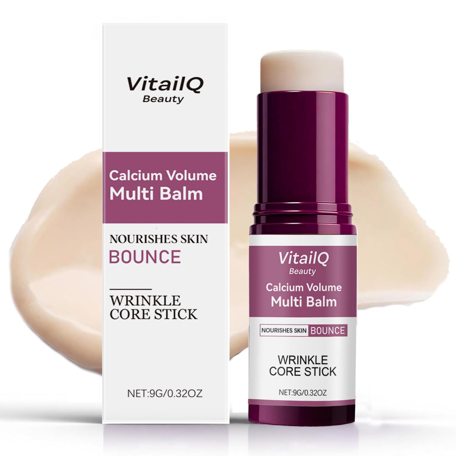 VitailQ Anti Wrinkle Calcium Balm bottle close-up, travel-friendly stick for on-the-go hydration.