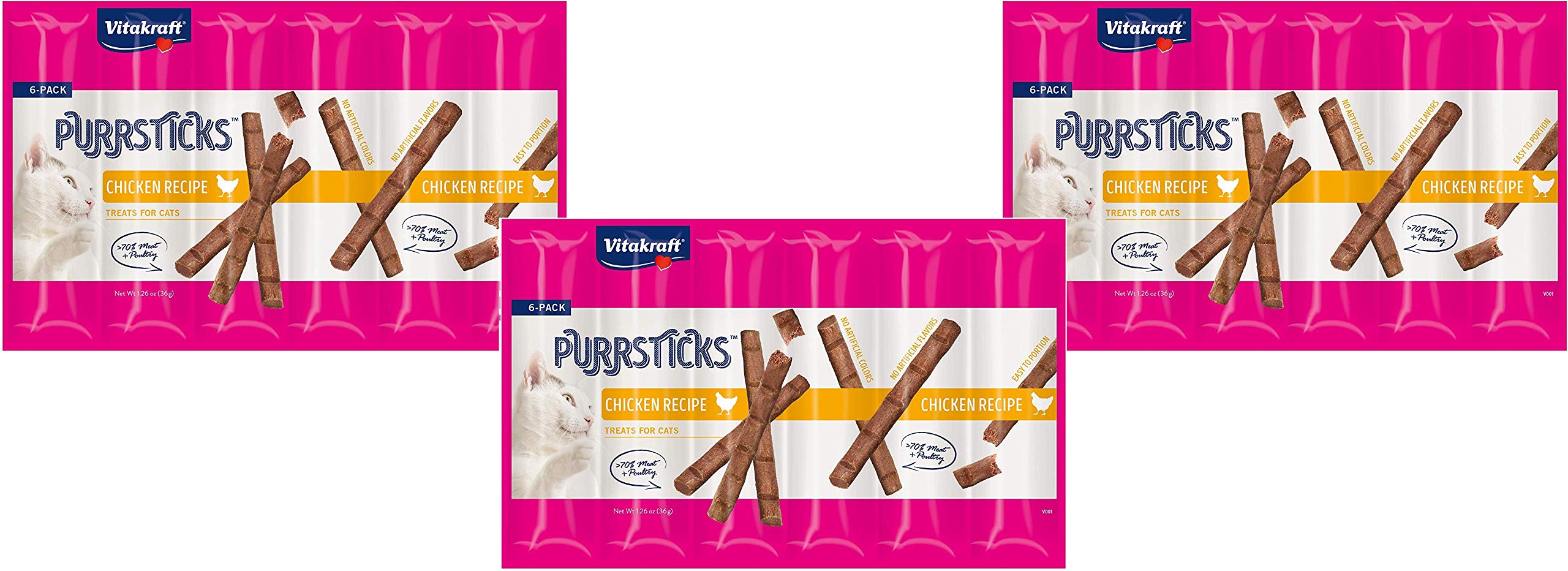 Vitakraft PurrSticks packaging with easy-portion pouches for on-the-go cat treats.