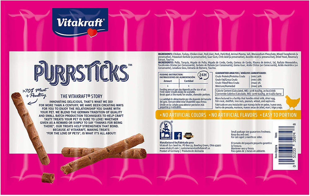 Vitakraft PurrSticks close-up showing real chicken flavor.