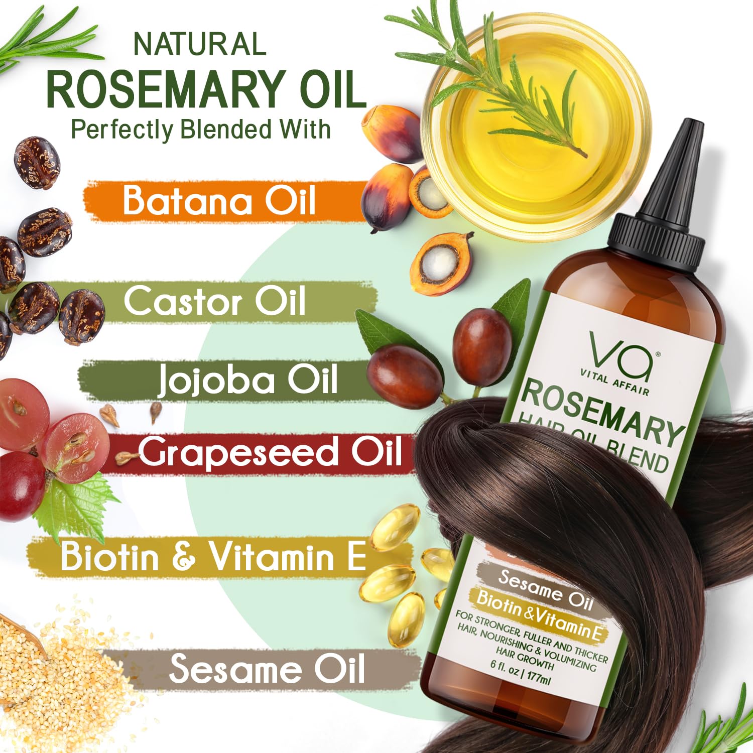 VITAL AFFAIR castor oil bottle illustrates a nourishing base for strands.