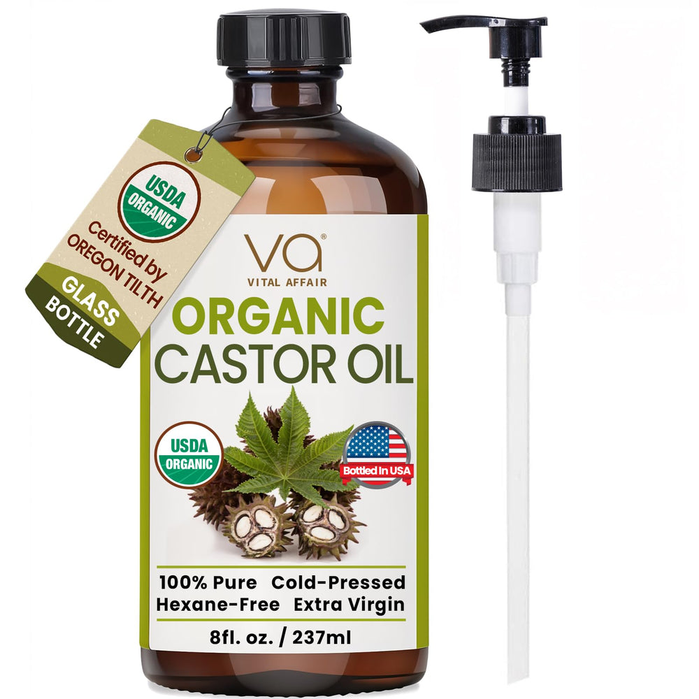 VITAL AFFAIR Castor Oil glass bottle with pump for easy, mess-free use.