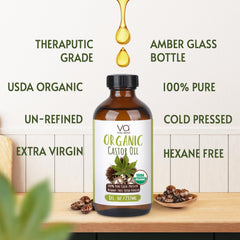 Close-up of VITAL AFFAIR Castor Oil label highlighting purity and hexane-free quality.