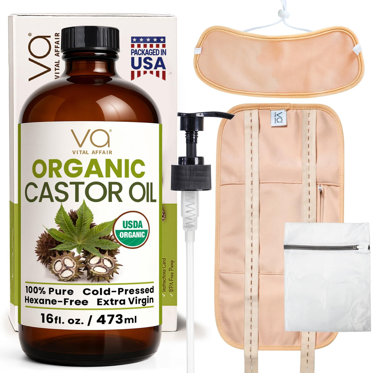 Vital Affair Castor Oil Pack Wrap Kit in amber glass bottle, premium organic oil.