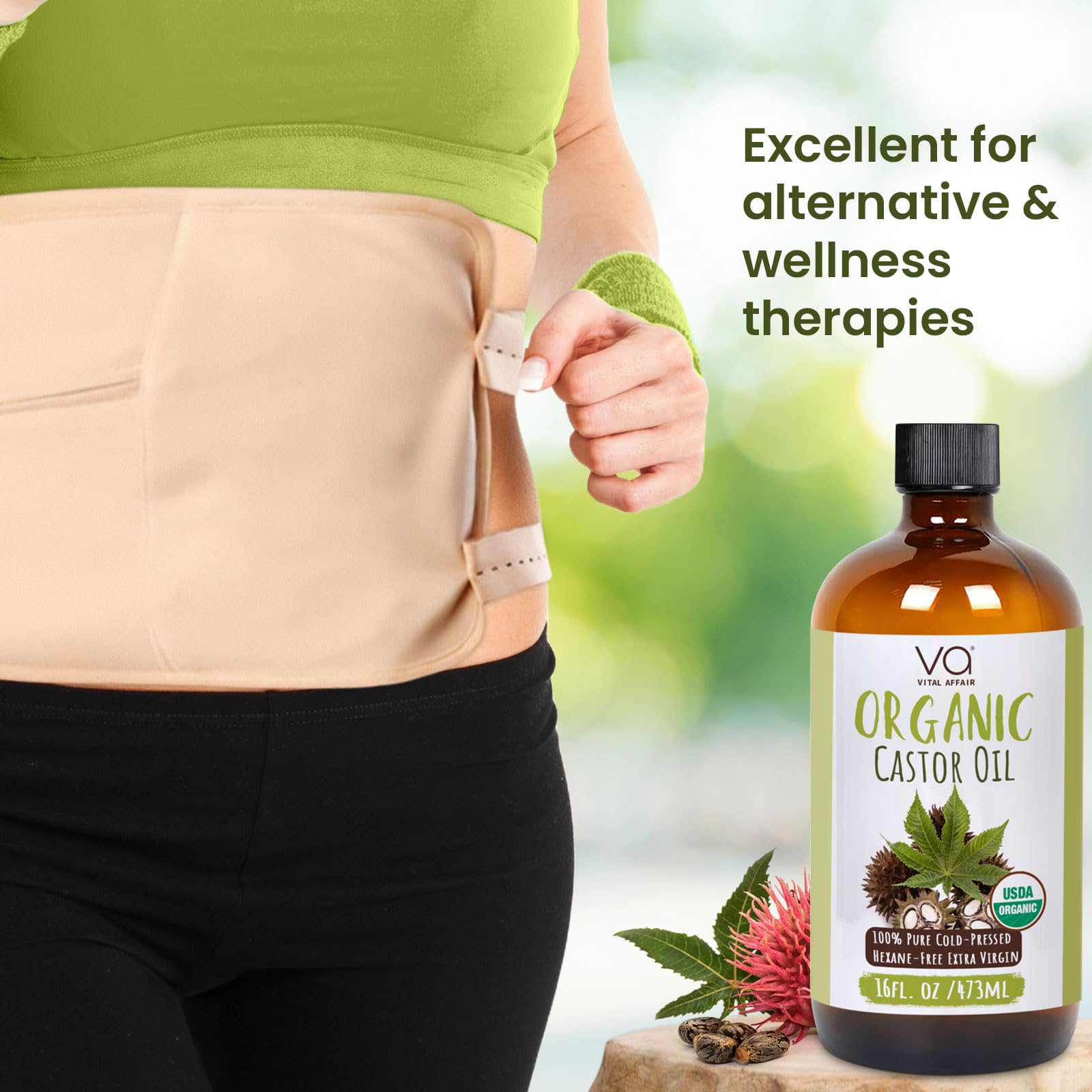 VITAL AFFAIR castor oil pack wrap shown with bottle for convenient topical routines.
