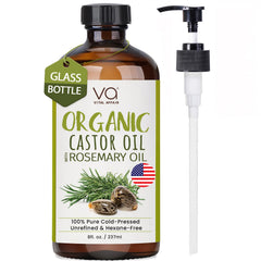 VITAL AFFAIR castor oil with rosemary bottle close-up for pure hair care.
