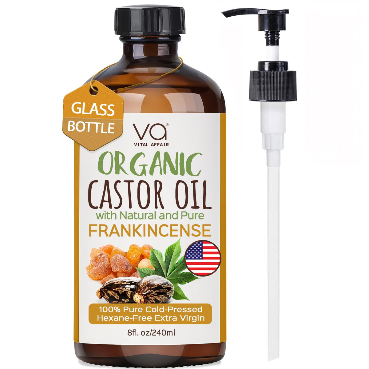 VITAL AFFAIR Organic Castor & Frankincense Oil bottle for hair and skin nourishment.