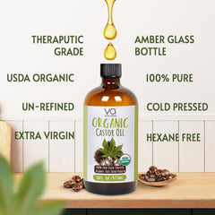 VITAL AFFAIR organic castor oil glass bottle preserves purity for skin and hair care.