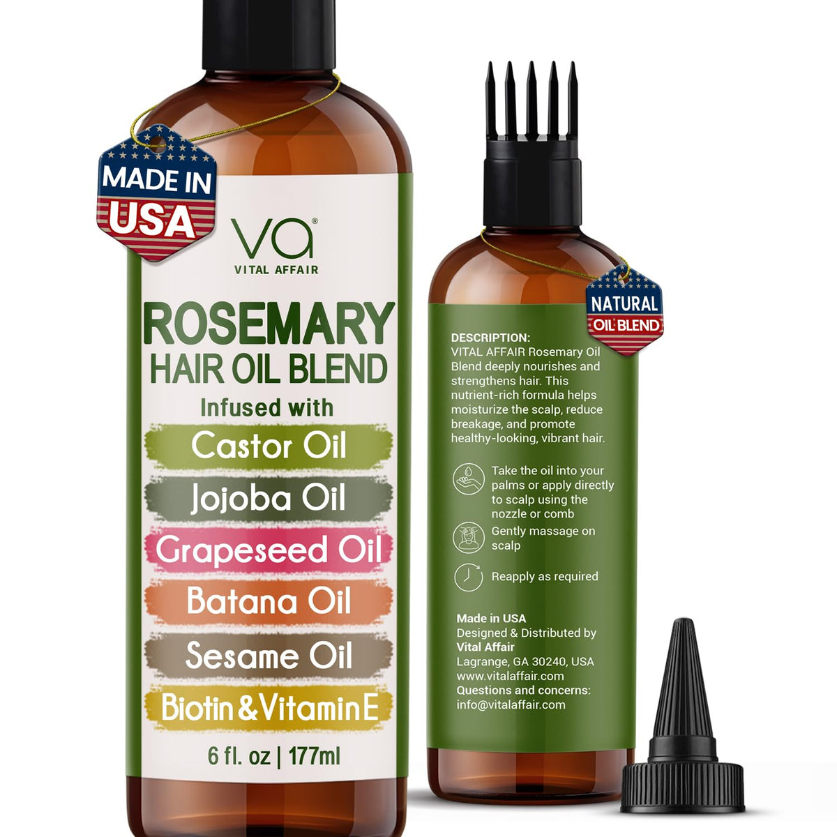 VITAL AFFAIR rosemary oil bottle supports scalp nourishment for a healthier look.