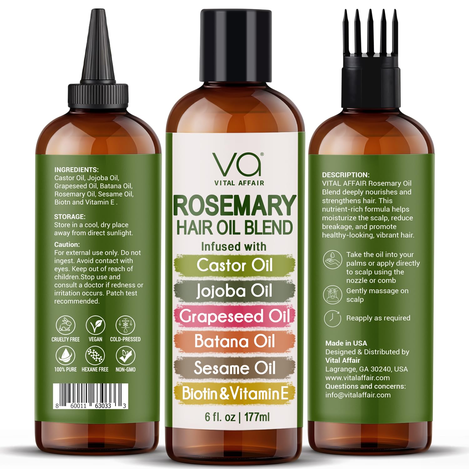 VITAL AFFAIR rosemary oil pour demonstrates easy application for quick hair care routines.