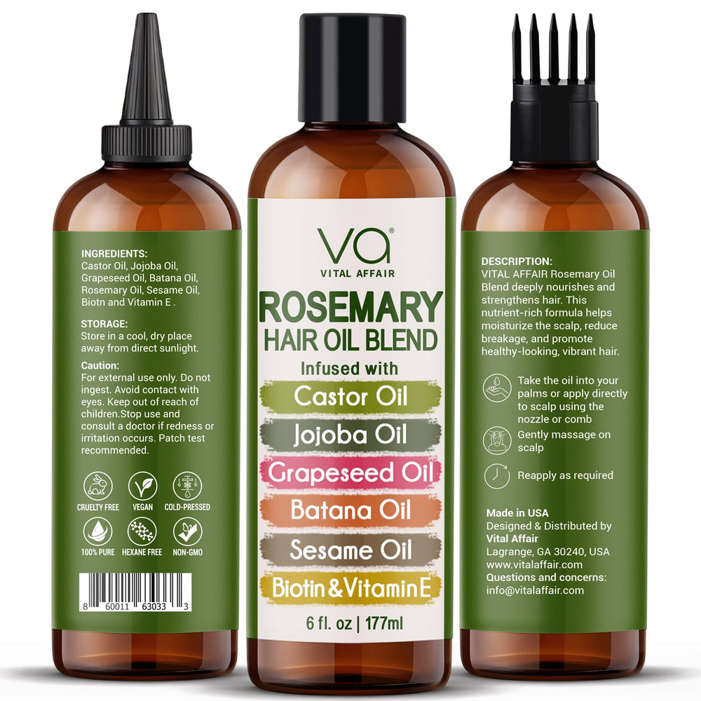 VITAL AFFAIR rosemary oil pour demonstrates easy application for quick hair care routines.