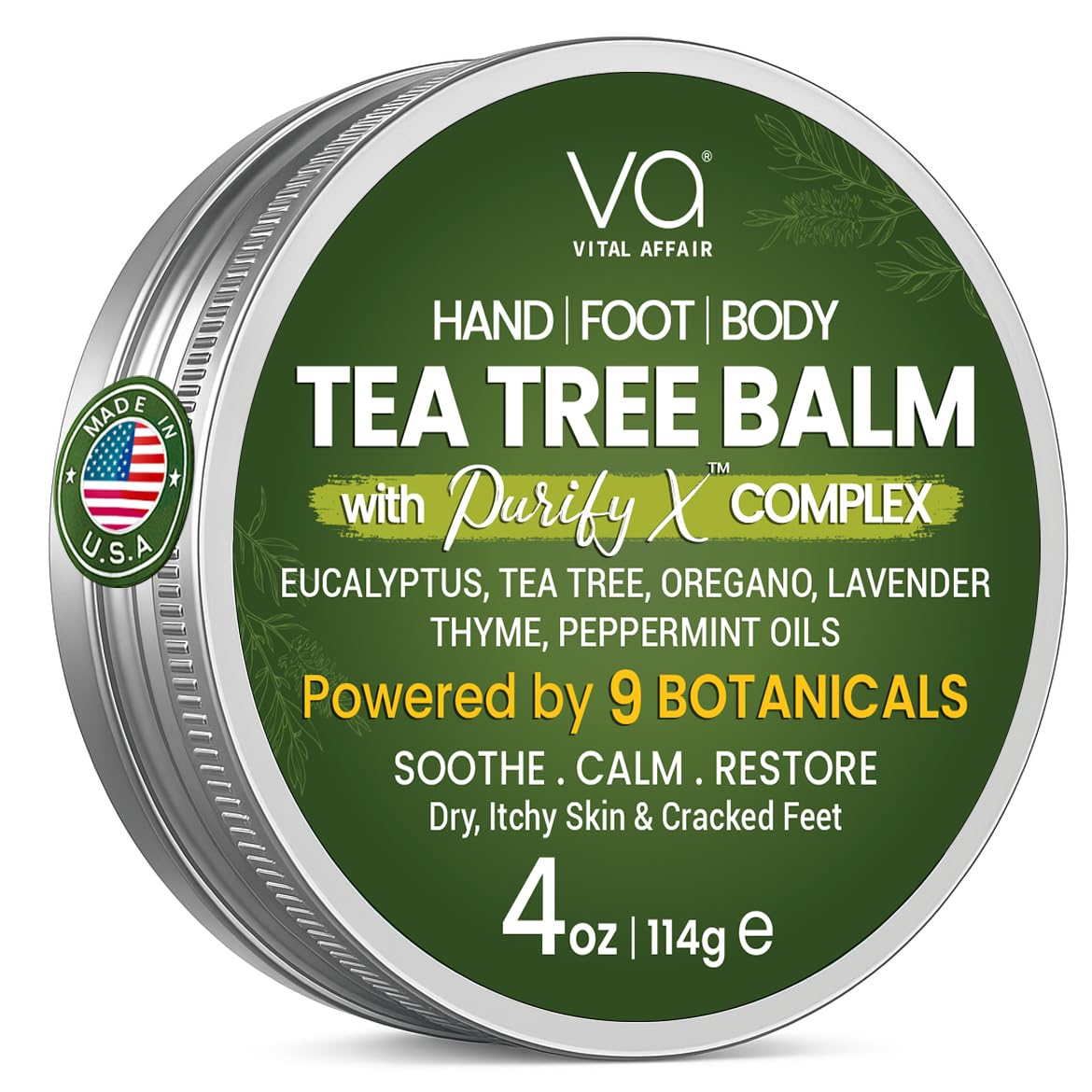 VITAL AFFAIR Tea Tree Oil Balm jar closeup for soothing dry skin.