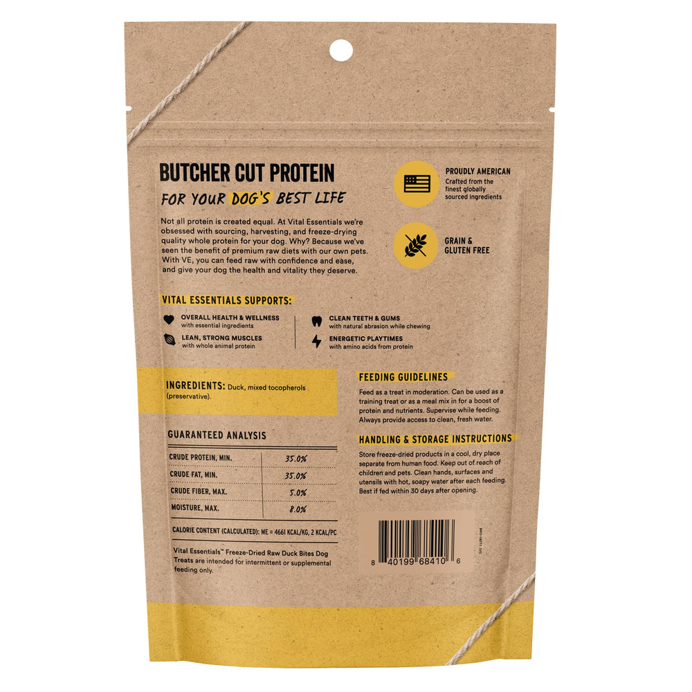 Vital Essentials duck bites raw protein closeup, supports lean muscles and energy