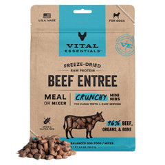 Vital Essentials freeze-dried beef nibs packaging highlights USA-sourced protein for easy, grain-free meals.