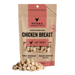 Vital Essentials freeze-dried chicken cat treats in a bag front, protein-rich and ideal for training.