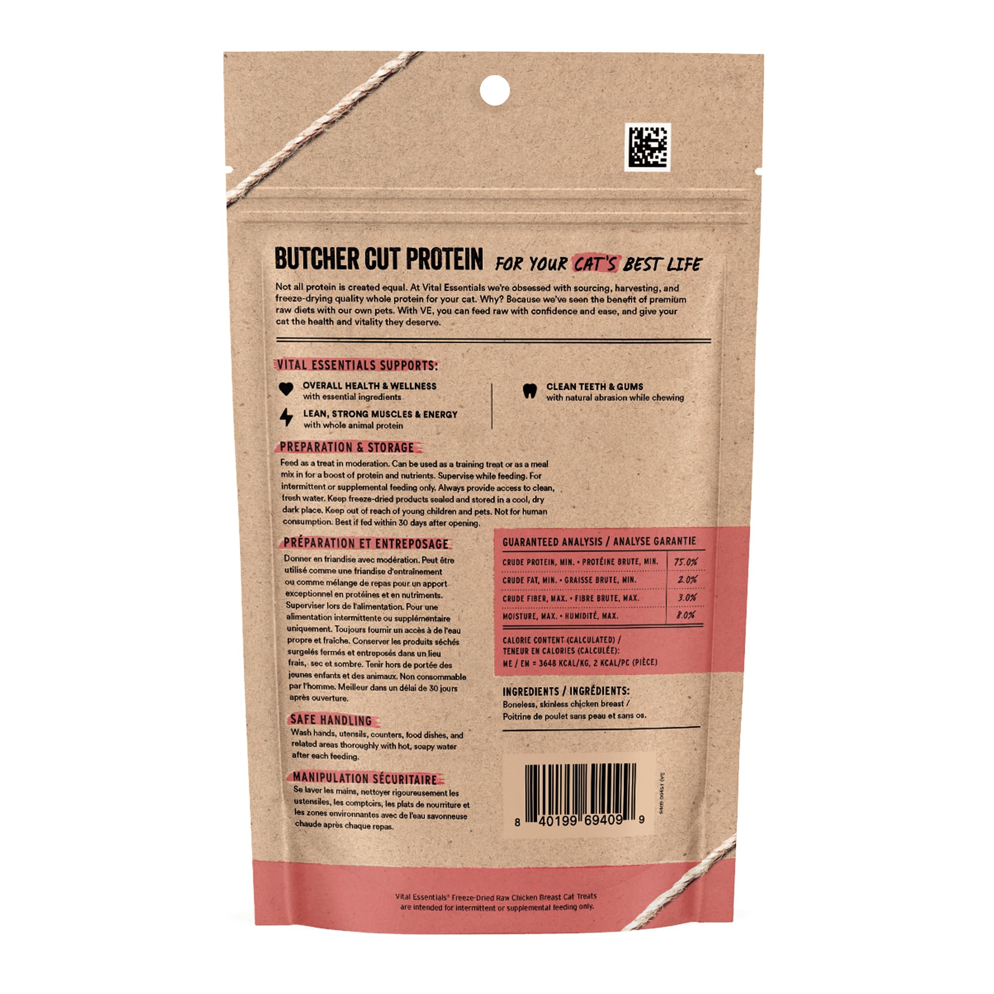 Vital Essentials freeze-dried chicken cat treats closeup of core protein for muscle support.
