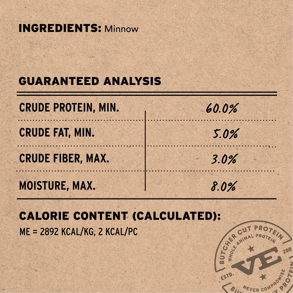 Vital Essentials nutrition panel closeup on packaging highlights high protein and low moisture.