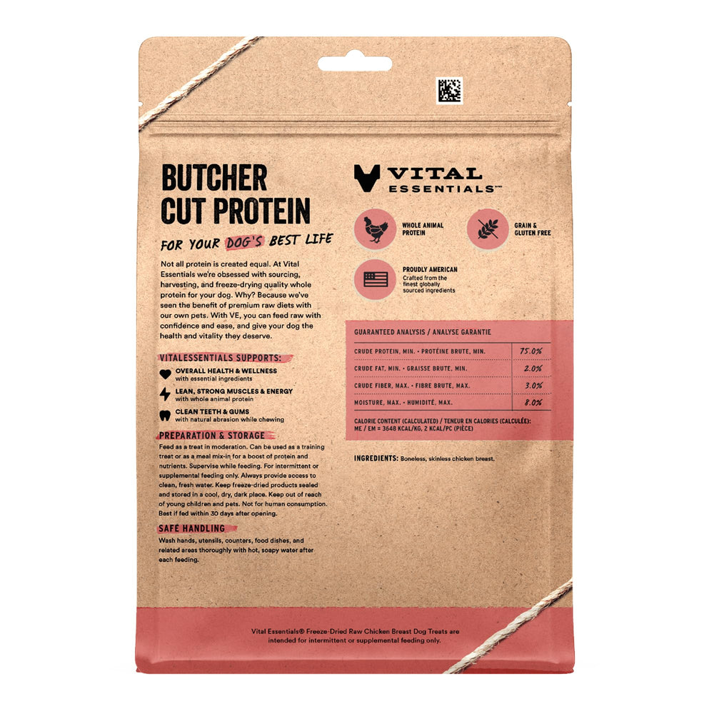 Vital Essentials freeze-dried chicken breast dog treats bag open — convenient daily snack