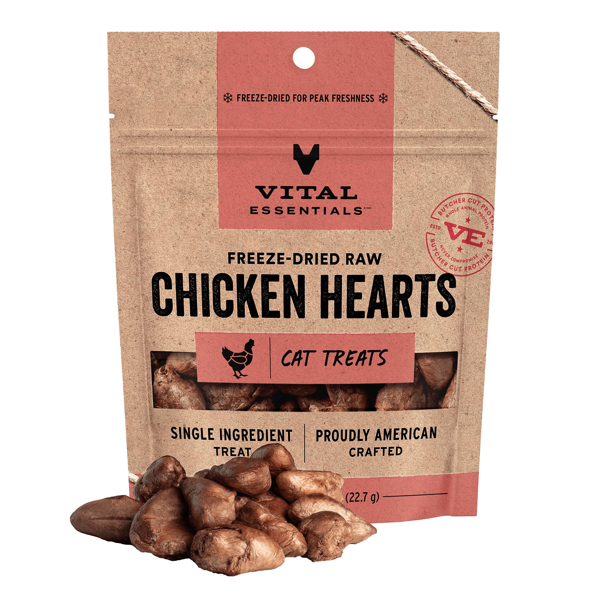 Vital Essentials chicken hearts treats close-up highlights single-ingredient nutrition for cats