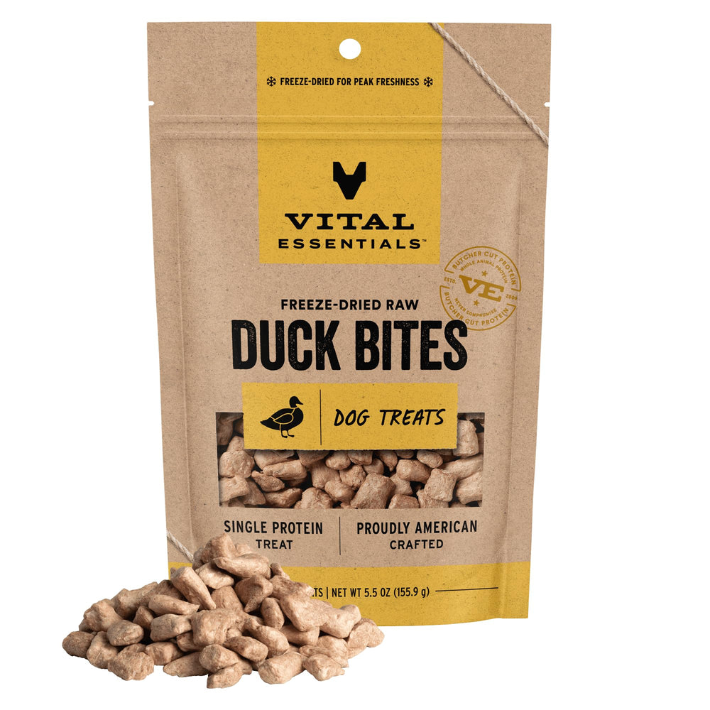 Vital Essentials freeze-dried duck bites packaging for convenient on-the-go rewards