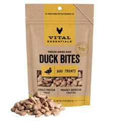 Vital Essentials freeze-dried duck bites packaging for convenient on-the-go rewards