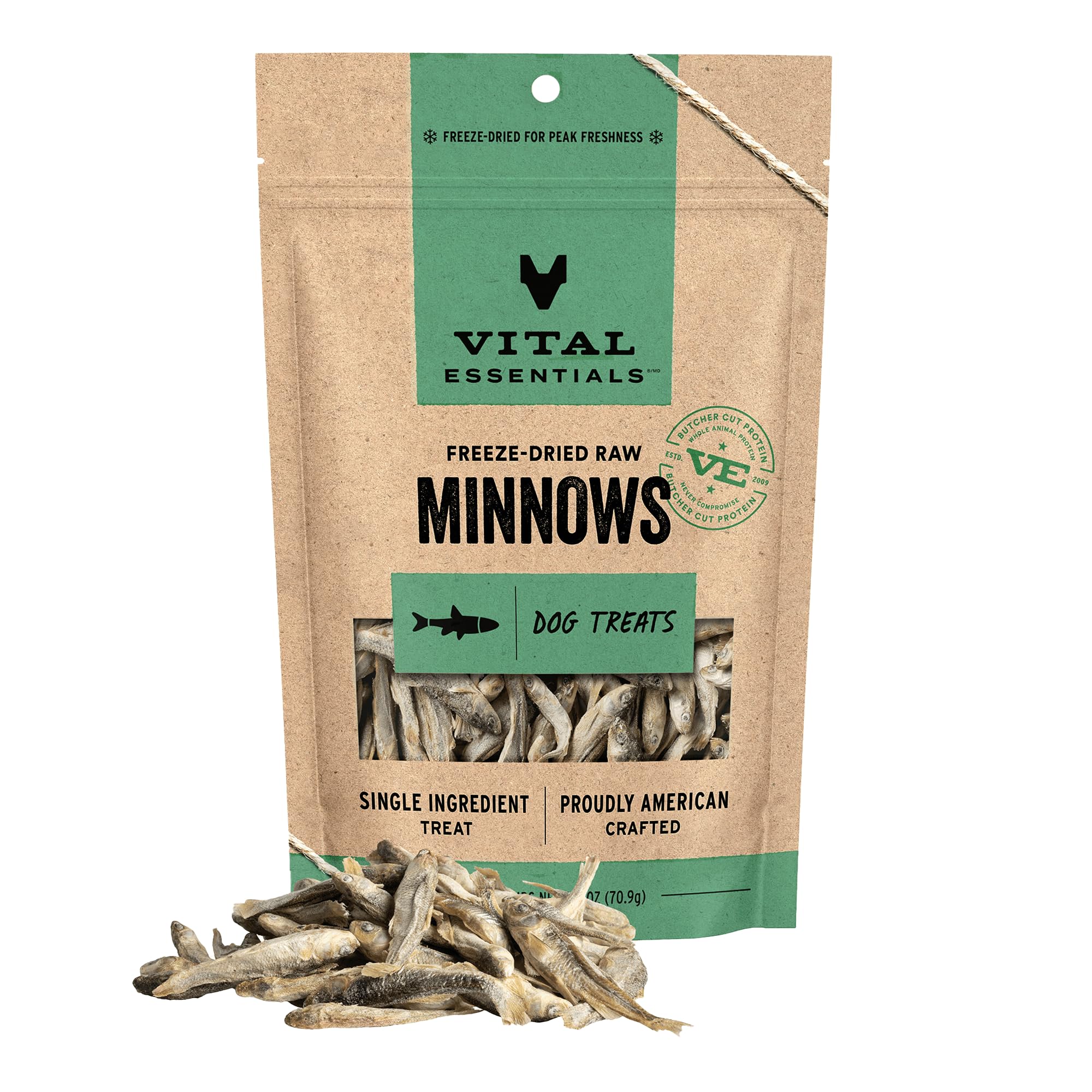 Vital Essentials freeze dried minnows dog treat bag showcases premium protein for active dogs
