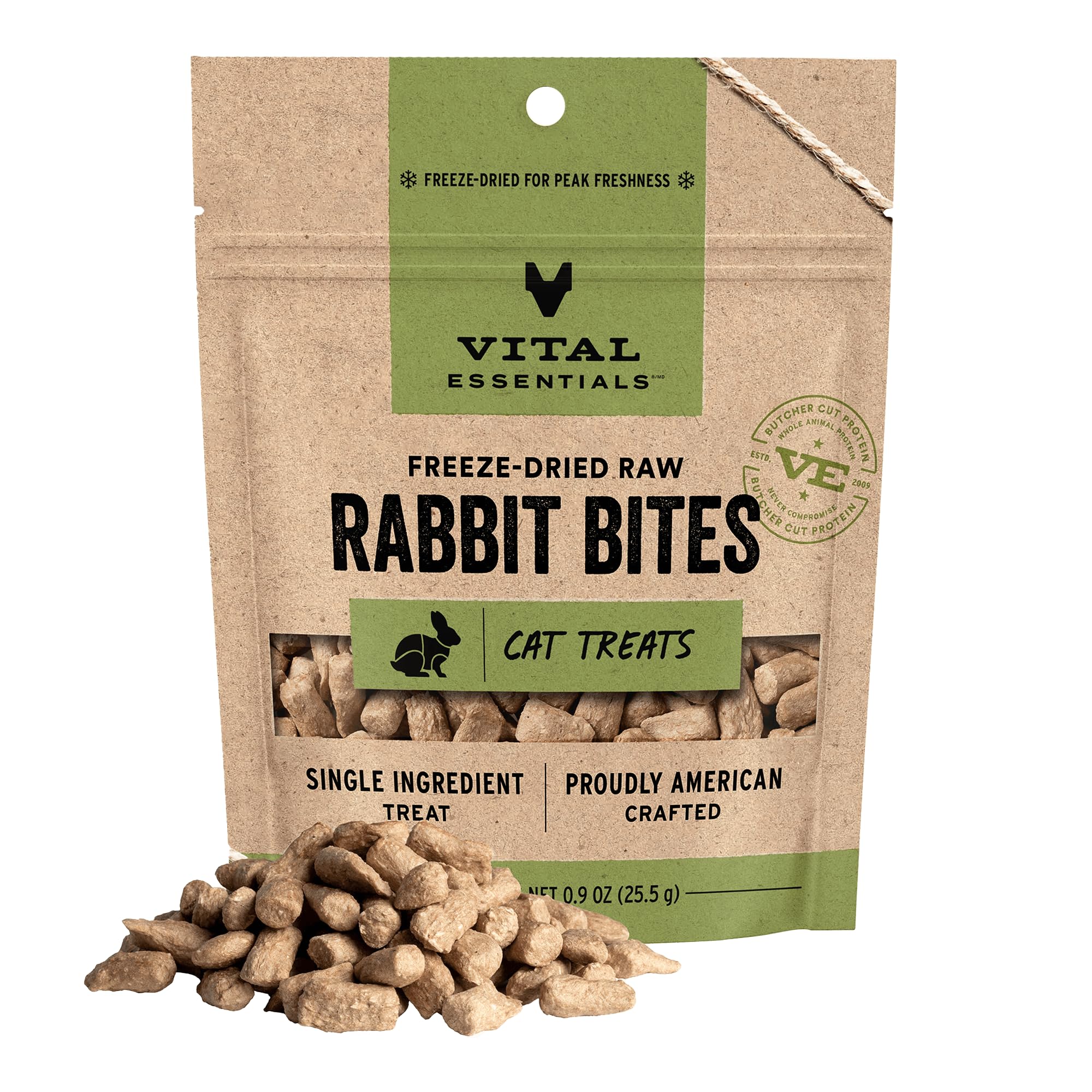 Vital Essentials Freeze Dried Rabbit Treats bag showing a protein-rich reward for cats.