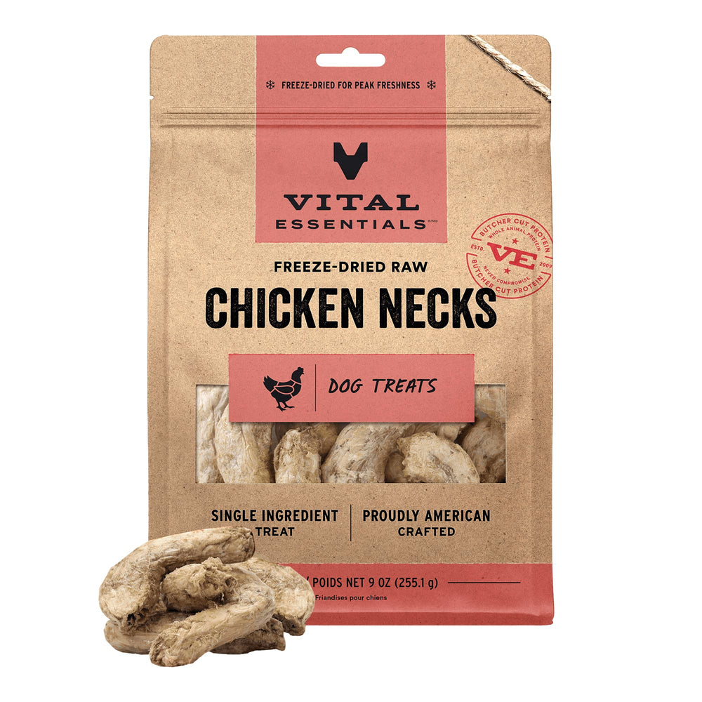 Vital Essentials freeze-dried chicken necks in a 9 oz bag for a protein-packed dog treat.