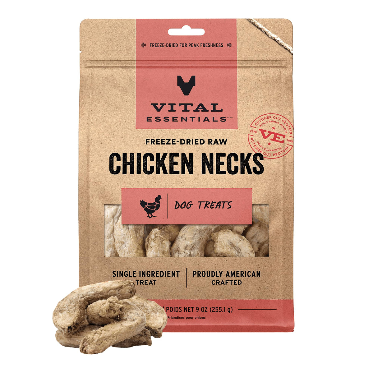 Vital Essentials freeze-dried chicken necks in a 9 oz bag for a protein-packed dog treat.
