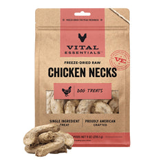 Vital Essentials freeze-dried chicken necks in a 9 oz bag for a protein-packed dog treat.